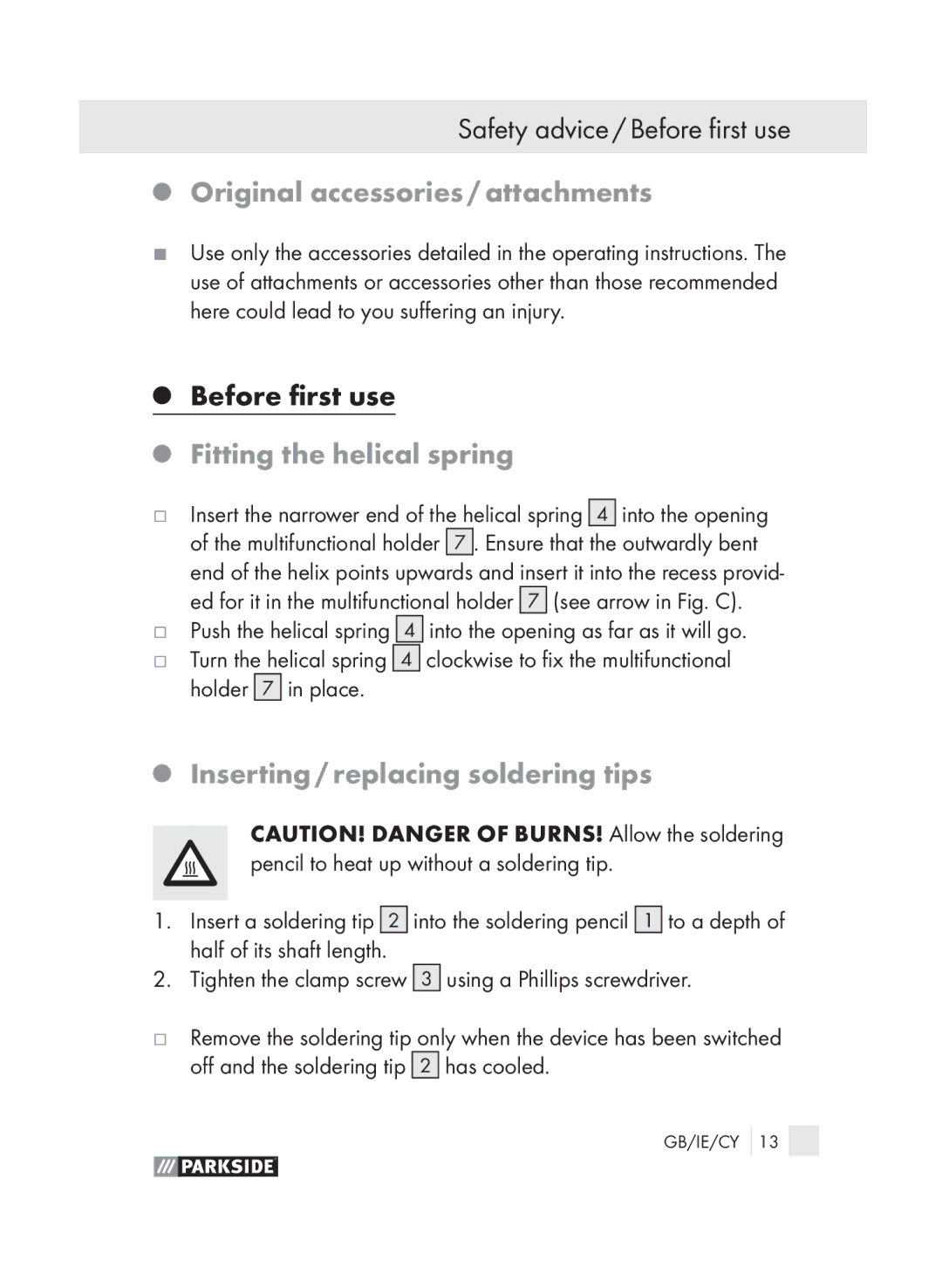 Parkside PLS 30 manual Safety advice / Before first use, Original accessories / attachments, Fitting the helical spring 